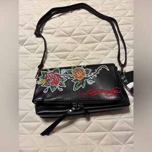 Ed hardy ladies fold over faux leather crossbody purse